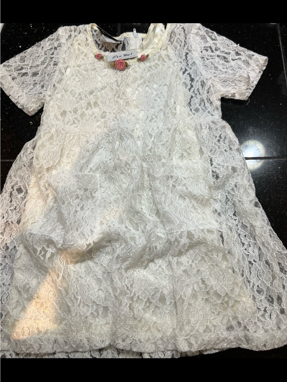 Byer California Ivory Lace Dress with Pink Rose Appliqués